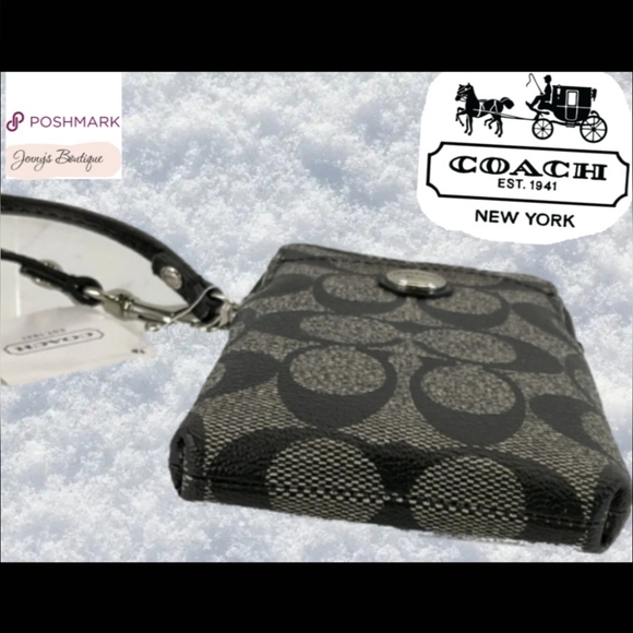 Bnwt Cellphone Wallet Coach Peyton Signature Universal Black/Gray Wristlet Pouch - Picture 7 of 9